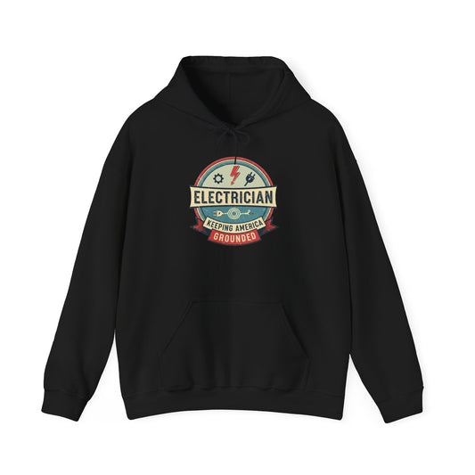 Electrician Hooded Sweatshirt — "Keeping America Grounded" Vintage Logo - Blue